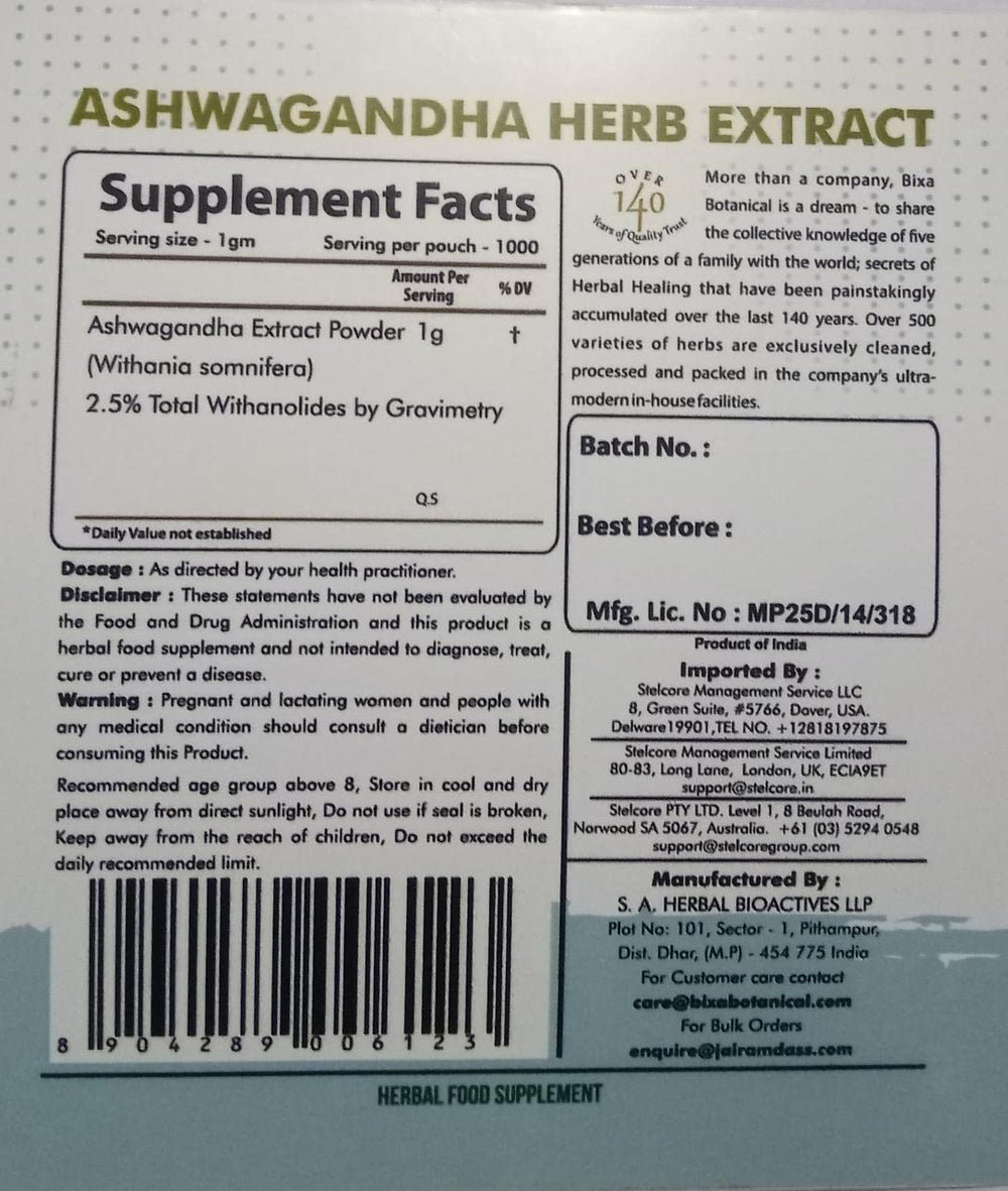 Bixa Botanical Ashwagandha powder beside natural ingredients.