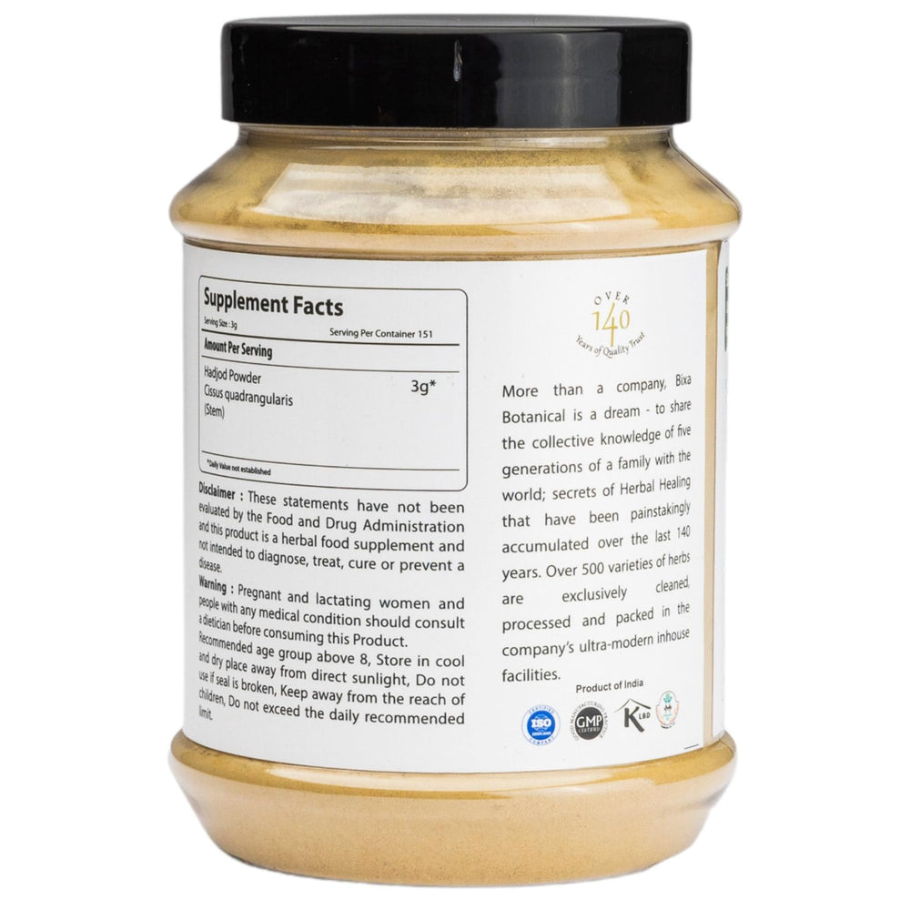 Bixa Botanical Cissus powder label signaling steam-treated purity.