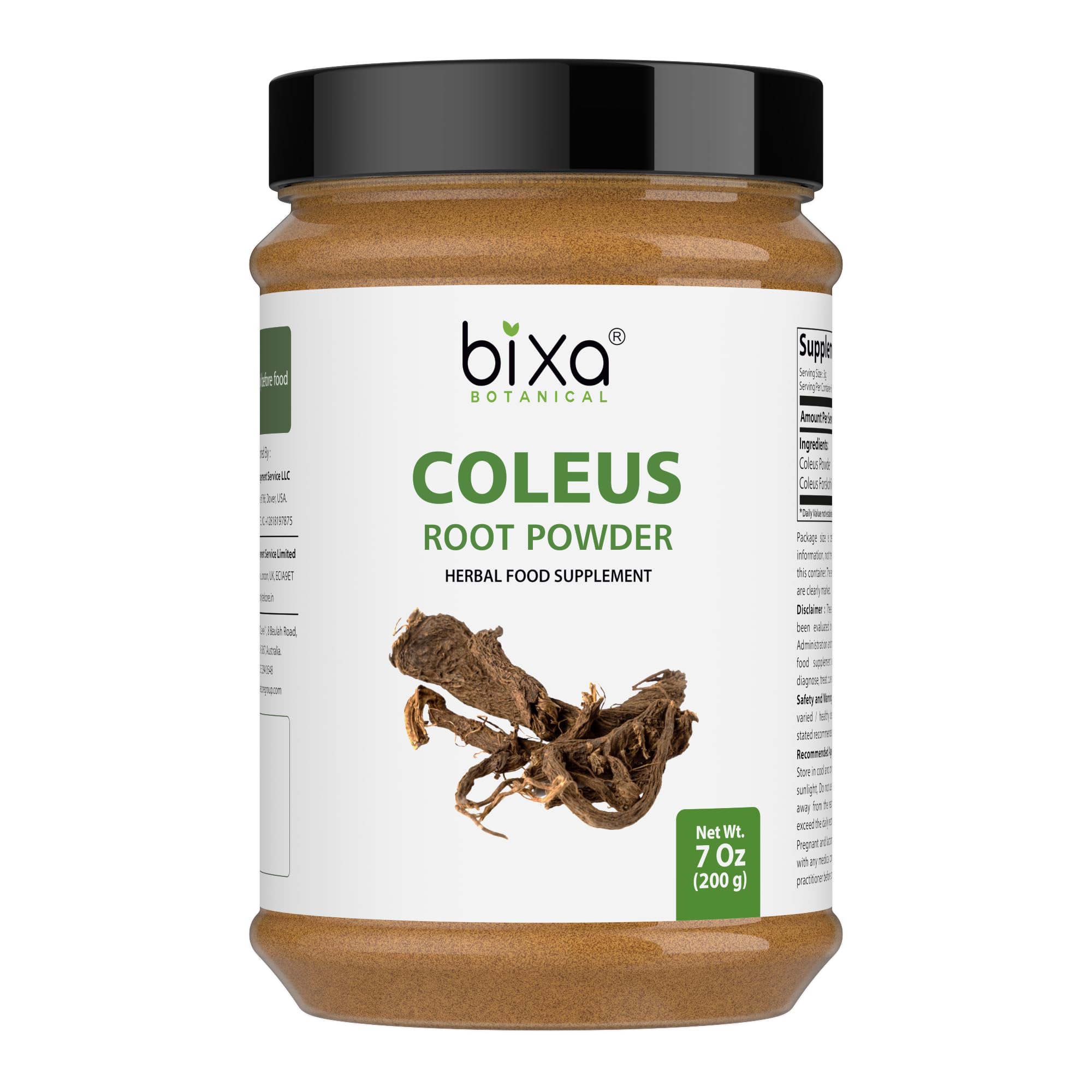 Bixa Botanical Coleus Forskohlii root powder jar supports easy daily blending and measuring.