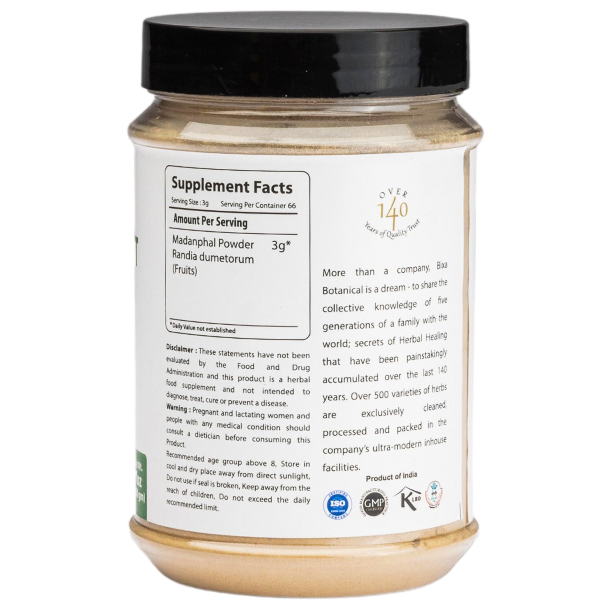bixa BOTANICAL emetic nut powder bottle close-up emphasizes pure, lab-tested quality.