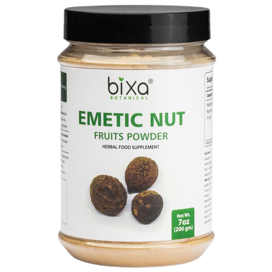 bixa BOTANICAL emetic nut powder packaging highlights vegan, non-GMO formulation for mindful wellness.