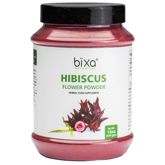 Bixa Botanical Hibiscus Powder jar on shelf for daily Ayurvedic routines.