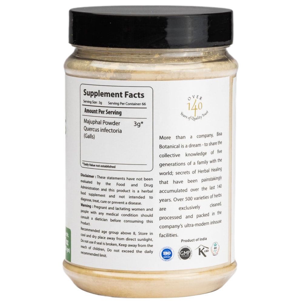 Bixa Botanical Majuphal powder jar; vegan and non-GMO for skin and wellness rituals.