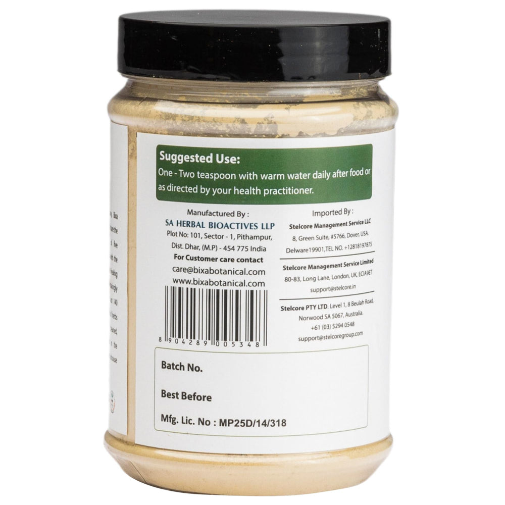 Close-up of Bixa Majuphal powder texture highlighting natural tannins for potential antioxidant notes.