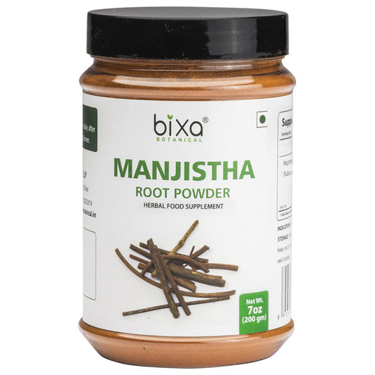 bixa BOTANICAL Manjistha powder in a glass jar for clear, glowing skin prep.