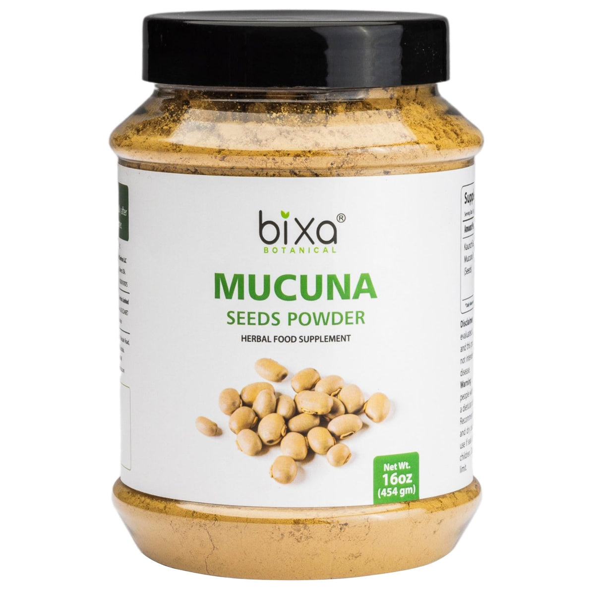 Bixa Botanical Mucuna pruriens powder jar showing pure velvet bean for energy support.