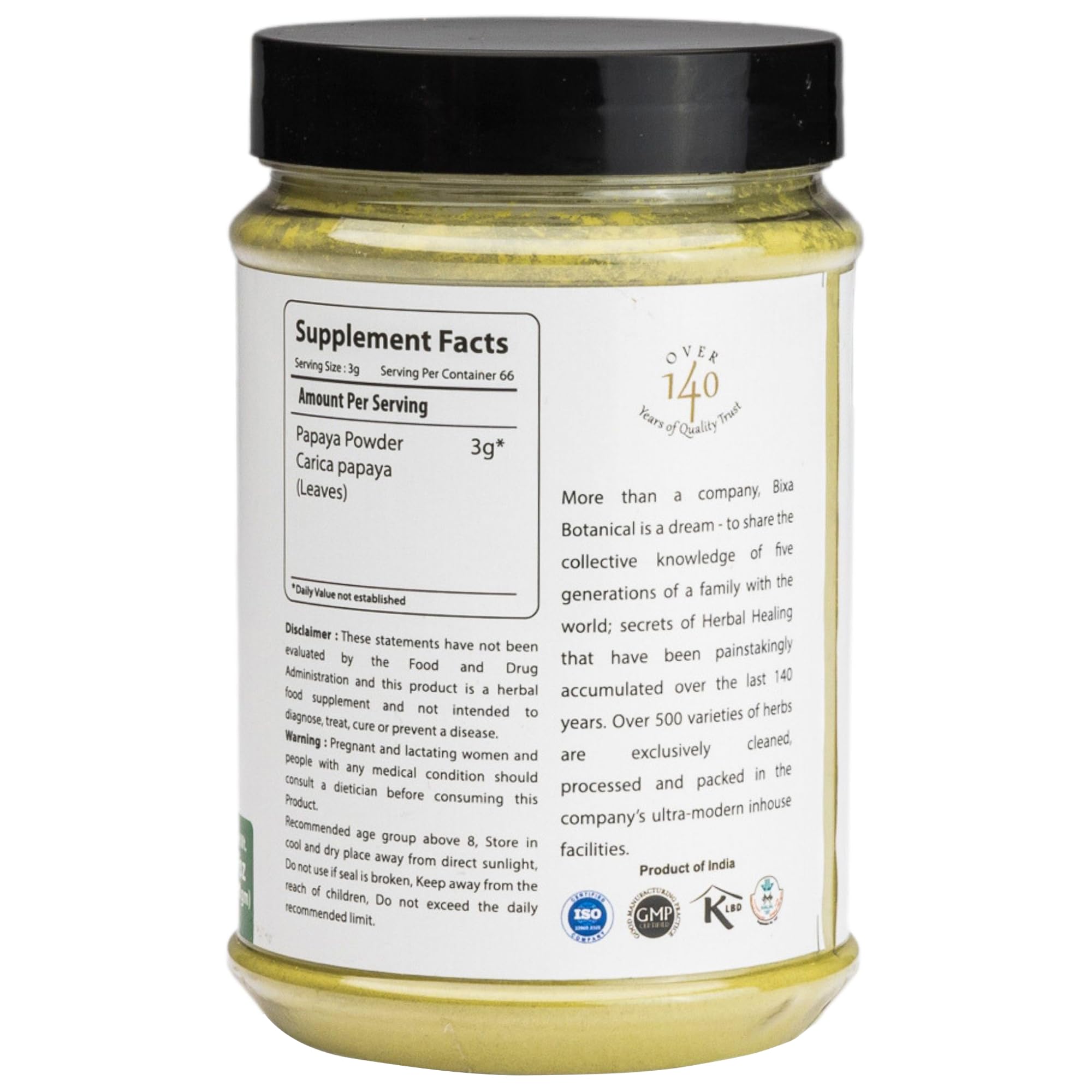 bixa BOTANICAL Papaya Leaf Powder fine texture ideal for smoothies and teas.