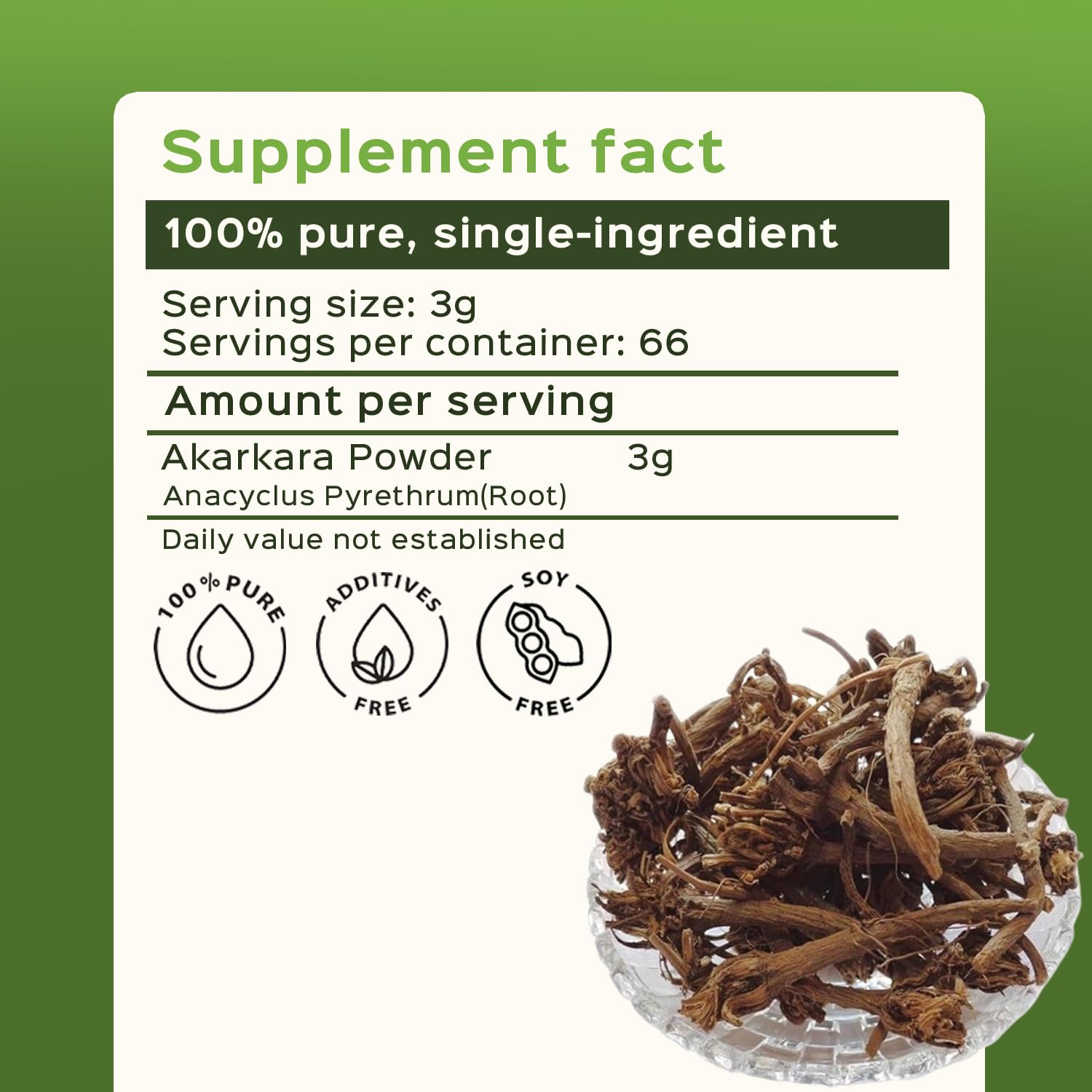 Pellitory Root Powder bag emphasizes steam-treated processing and freshness.
