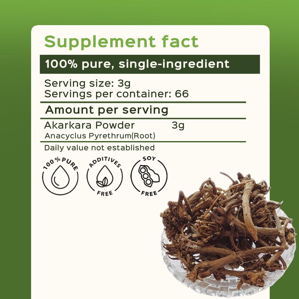 Pellitory Root Powder bag emphasizes steam-treated processing and freshness.