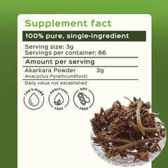 Pellitory Root Powder bag emphasizes steam-treated processing and freshness.