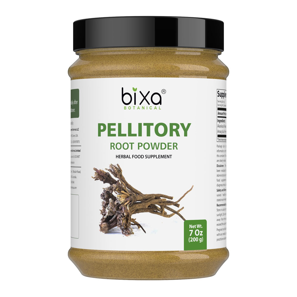 Bixa Botanical Pellitory Root Powder packaging highlights gluten-free premium ingredient.