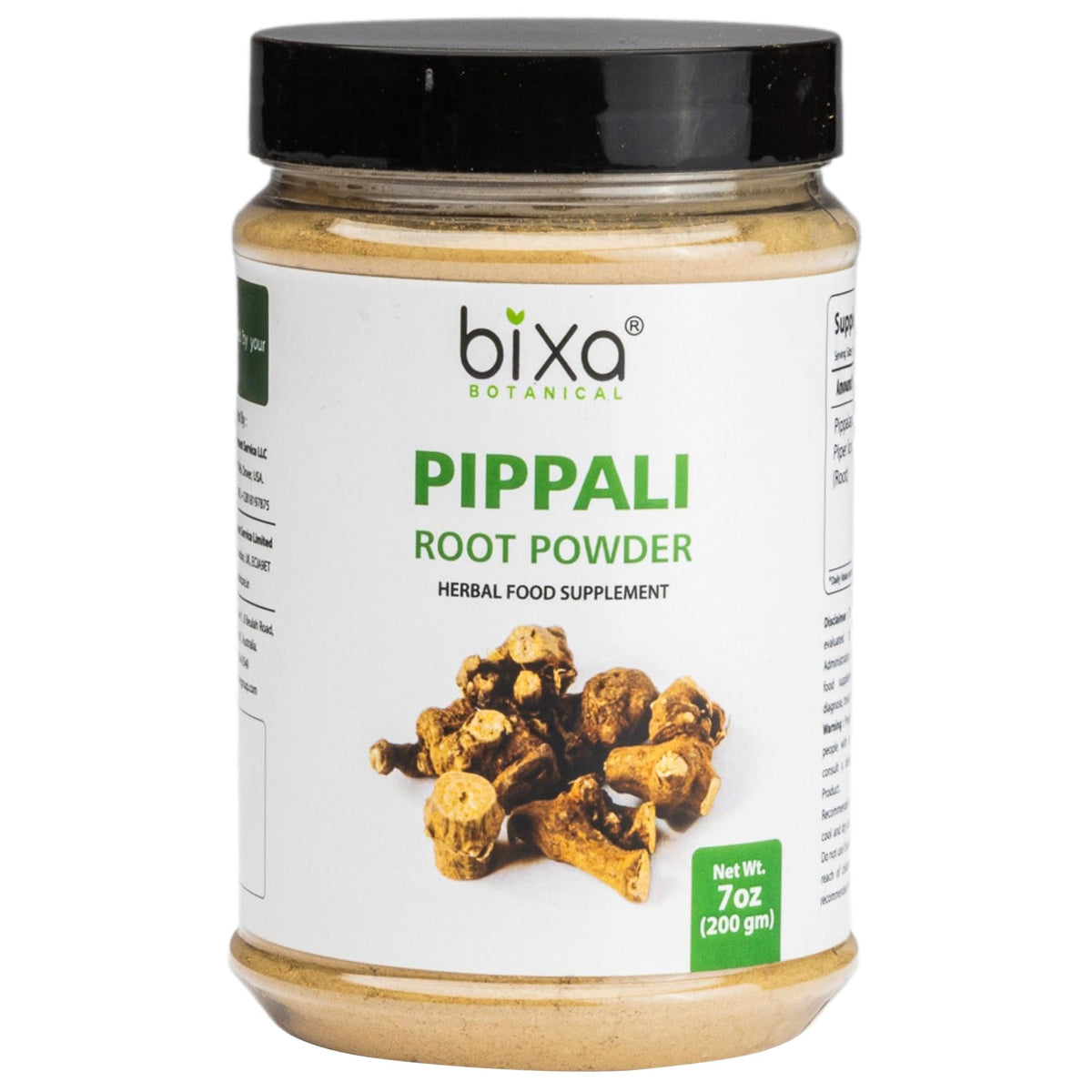 bixa BOTANICAL Pippali Mool Powder bottle closeup showing pure root for respiratory support