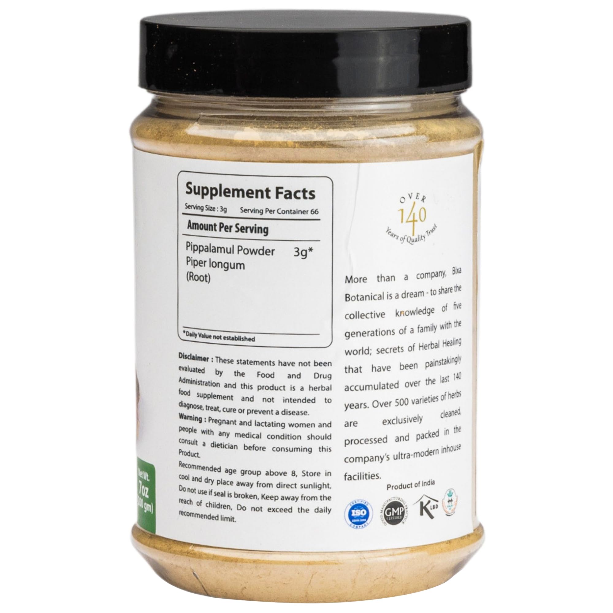 bixa BOTANICAL Pippali Mool Powder jar label highlights gluten-free, vegan formula