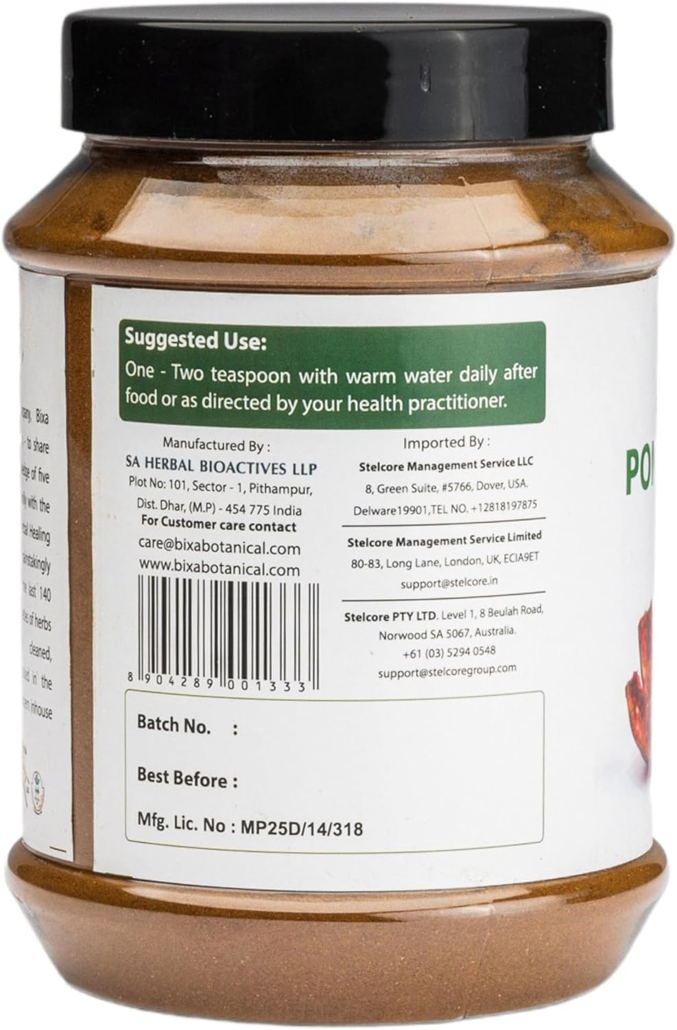 Close-up of bixa BOTANICAL Pomegranate Peel Powder jar for skincare routines.