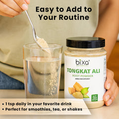 Powder mixed in a mug for a warm Tongkat Ali beverage with bixa BOTANICAL