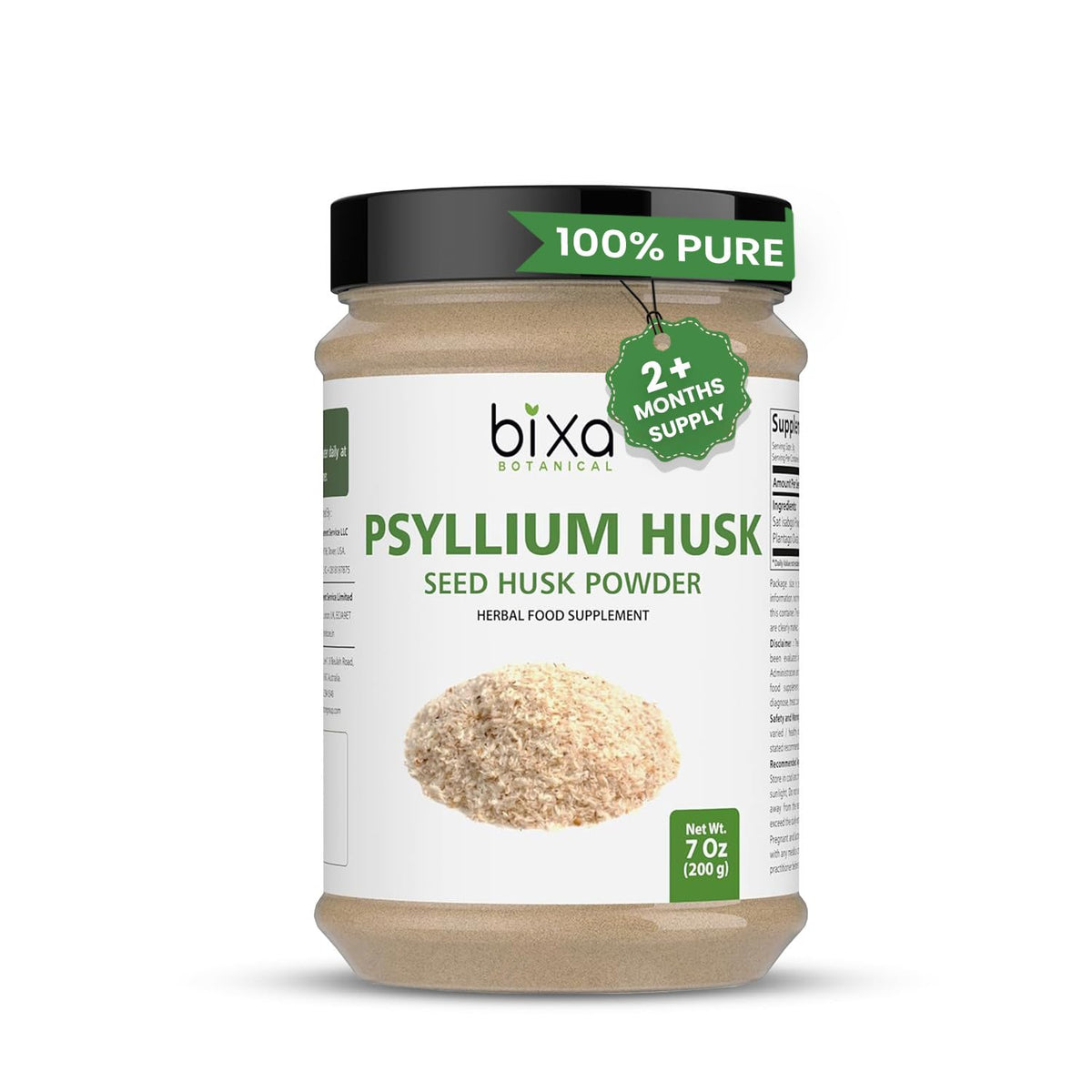 bixa BOTANICAL psyllium husk powder bottle displaying natural fiber support for gut health