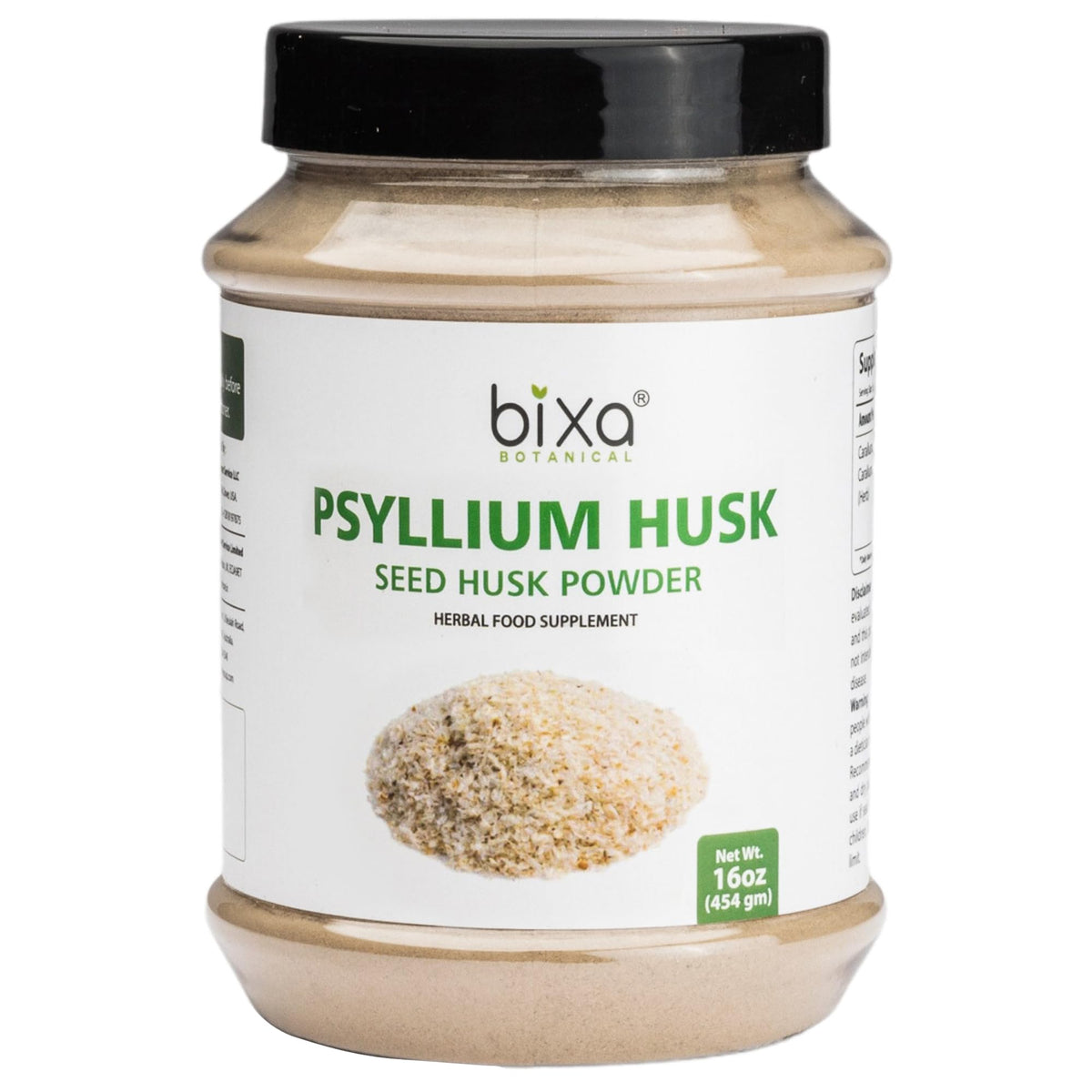 bixa BOTANICAL Psyllium Husk Powder packaging highlights gluten-free fiber for daily digestion.