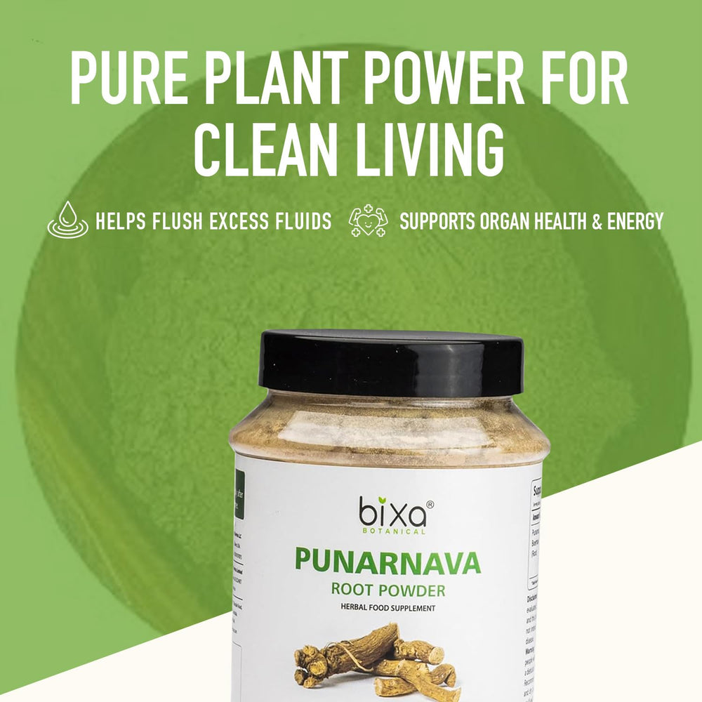 bixa BOTANICAL Punarnava Powder scoop in bowl demonstrates convenient dosing for infusion and teas.
