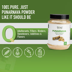 bixa BOTANICAL Punarnava Powder steam-treated label signals purity and gentle processing for clean use.