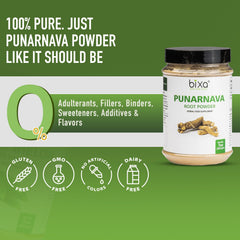 bixa botanical Punarnava powder textured shot invites daily use in drinks.