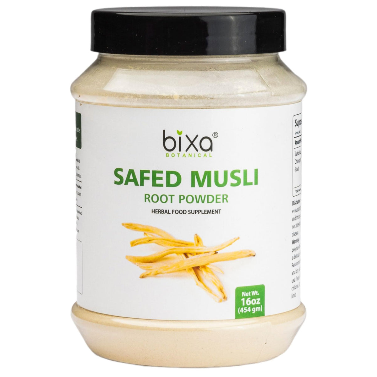 bixa Botanical Safed Musli powder in jar, pure and gluten-free for daily wellness.