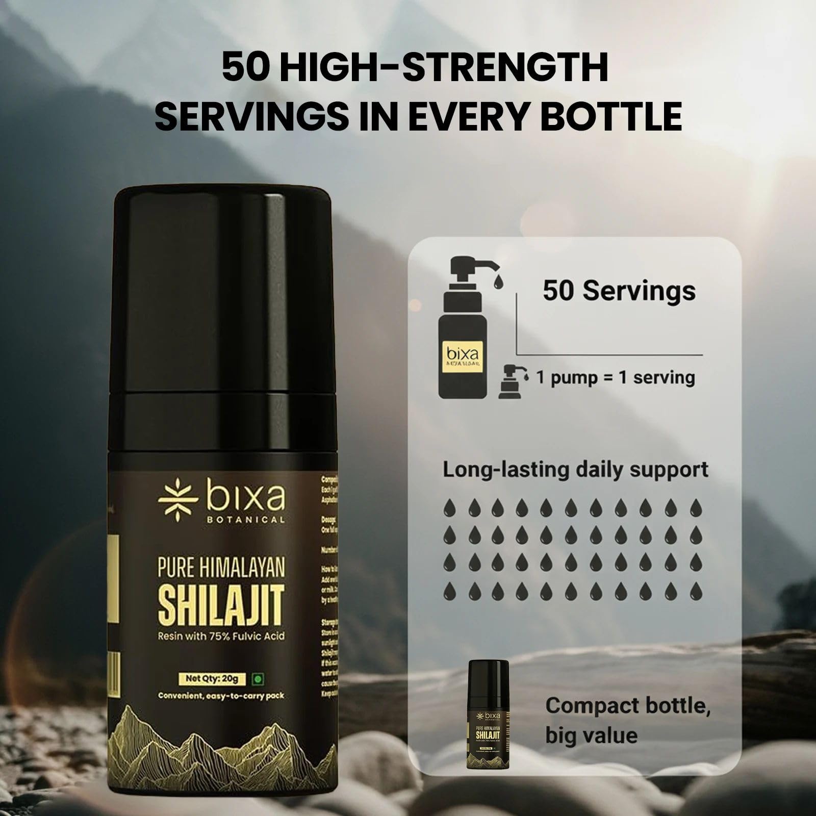 Bixa Botanical Shilajit pump-action usage demonstrates quick daily dosing