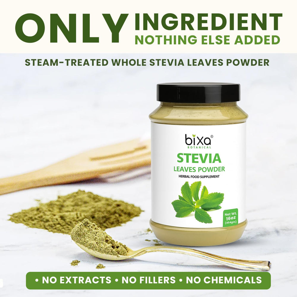 Bixa Botanical Stevia leaves close-up highlights plant-based sweetness from Stevia rebaudiana.