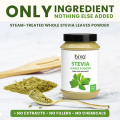 Bixa Botanical Stevia leaves close-up highlights plant-based sweetness from Stevia rebaudiana.