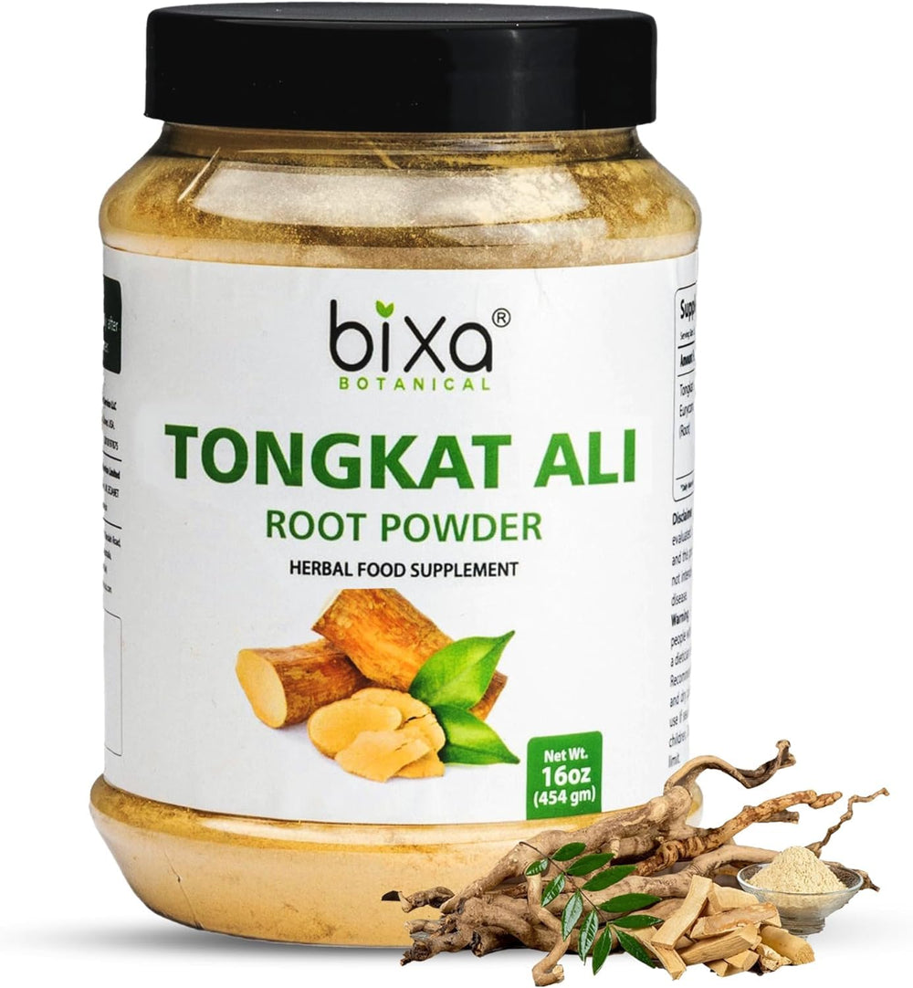 bixa BOTANICAL Tongkat Ali powder in a 1 lb jar for daily energy support