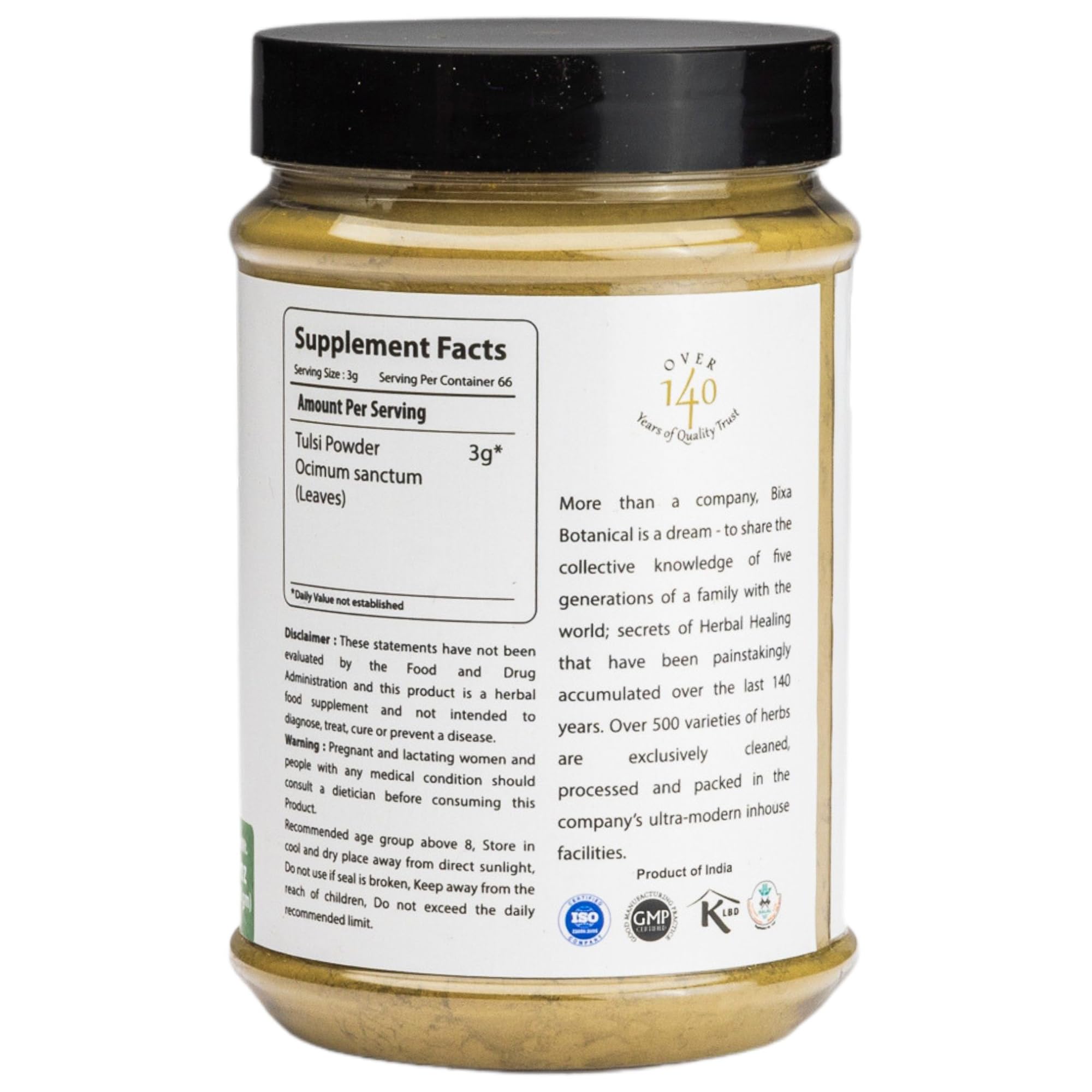 bixa botanical tulsi leaves powder bottle on shelf ready for daily use