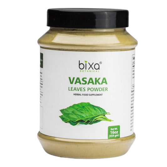 Bixa Botanical Vasaka leaf powder jar close-up, gluten-free formula for daily use.