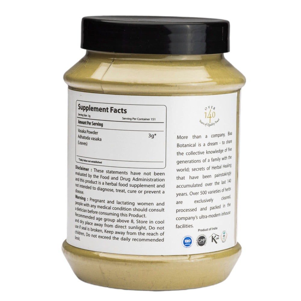 Bixa Botanical Vasaka powder label, gluten-free option for recipes.