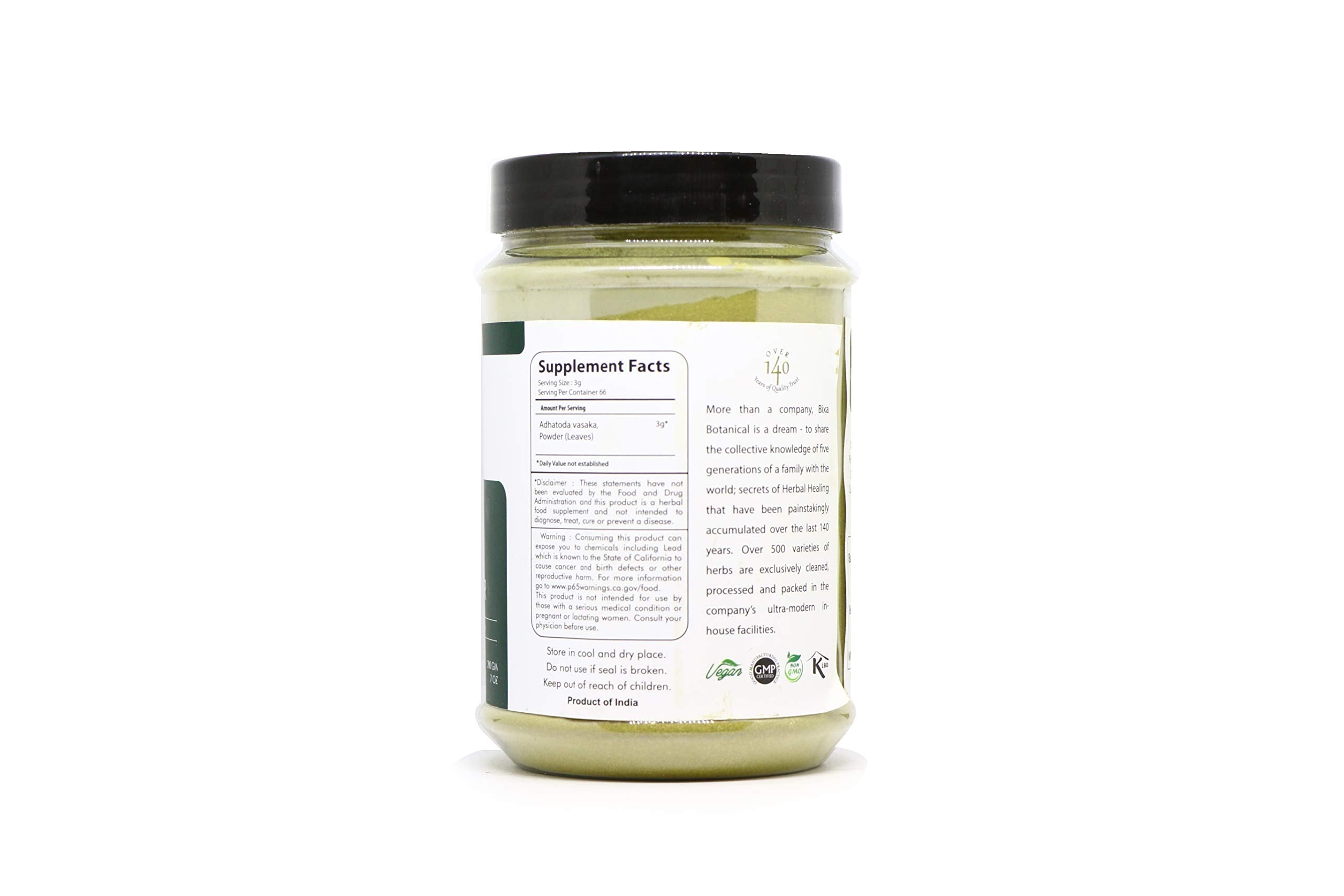 bixa BOTANICAL Vasaka leaf powder scoop demonstrating convenient dosing.