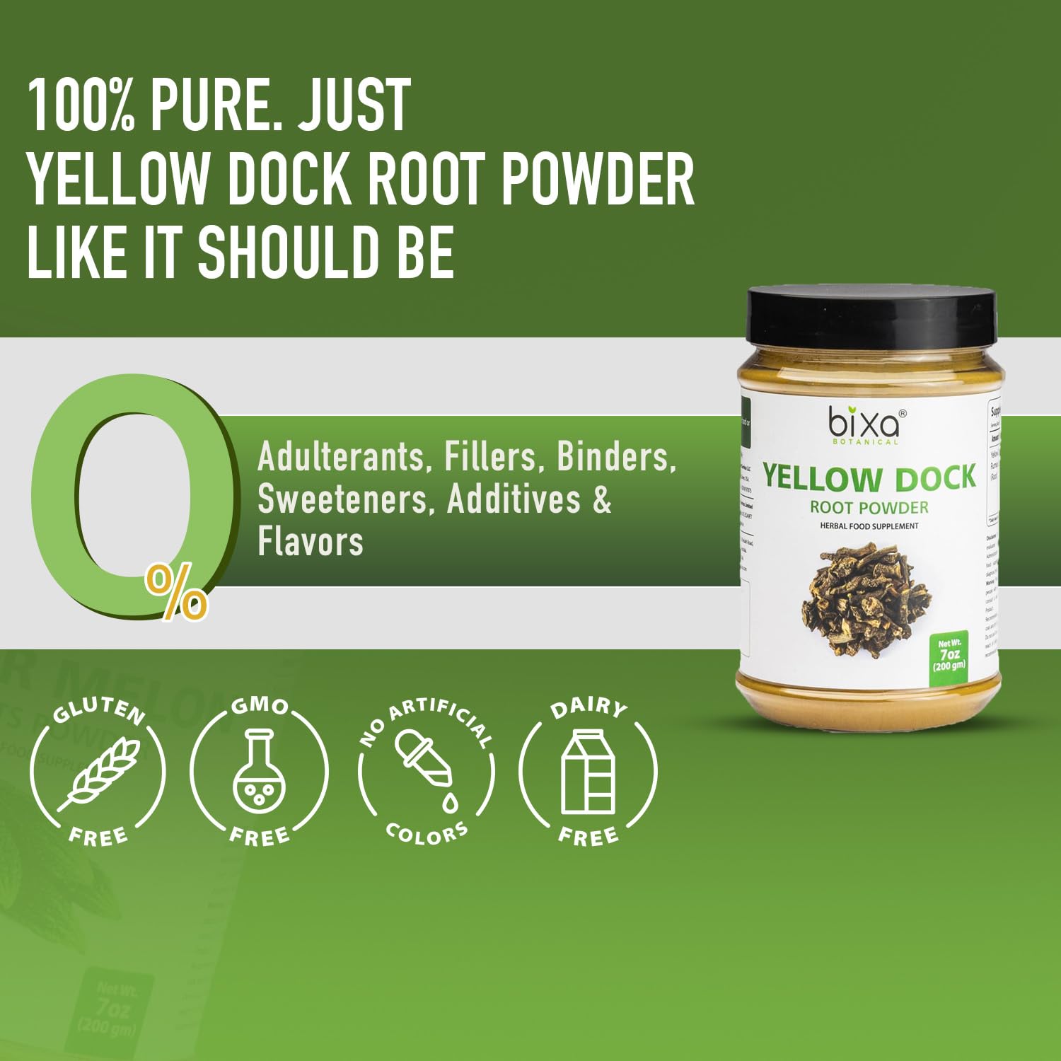 Bixa Botanical Yellow Dock Root Powder scoop beside jar for measuring.