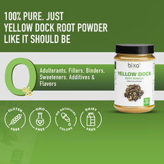 Bixa Botanical Yellow Dock Root Powder scoop beside jar for measuring.