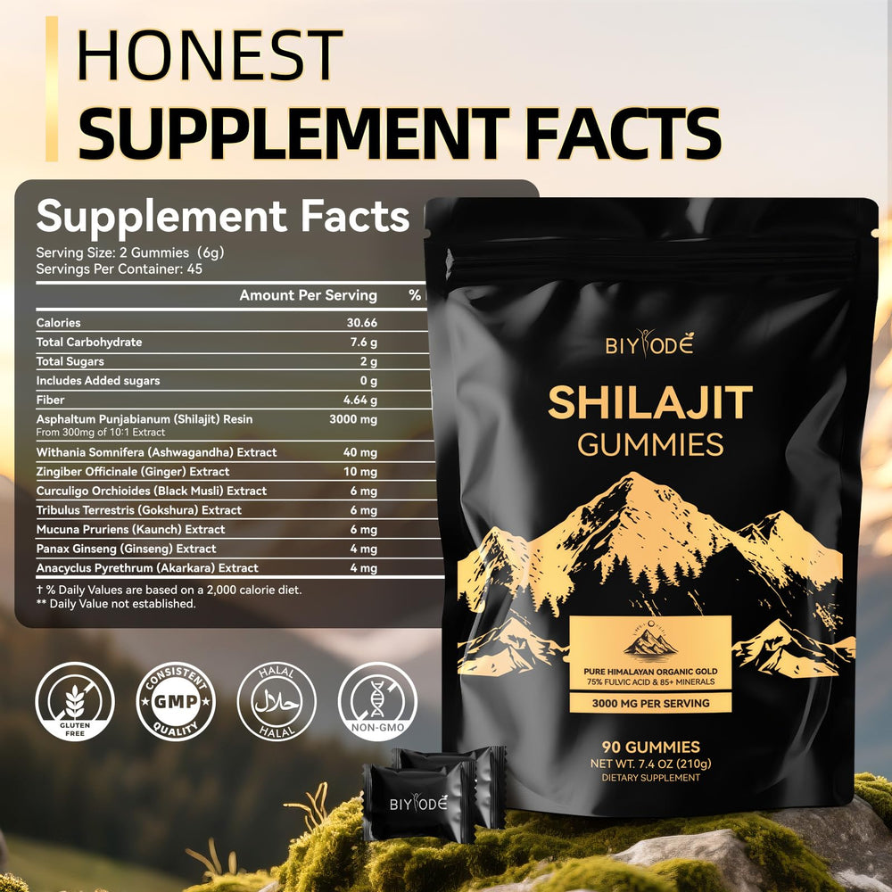BIYODE Shilajit Gummies featuring ashwagandha and herbs for stamina.