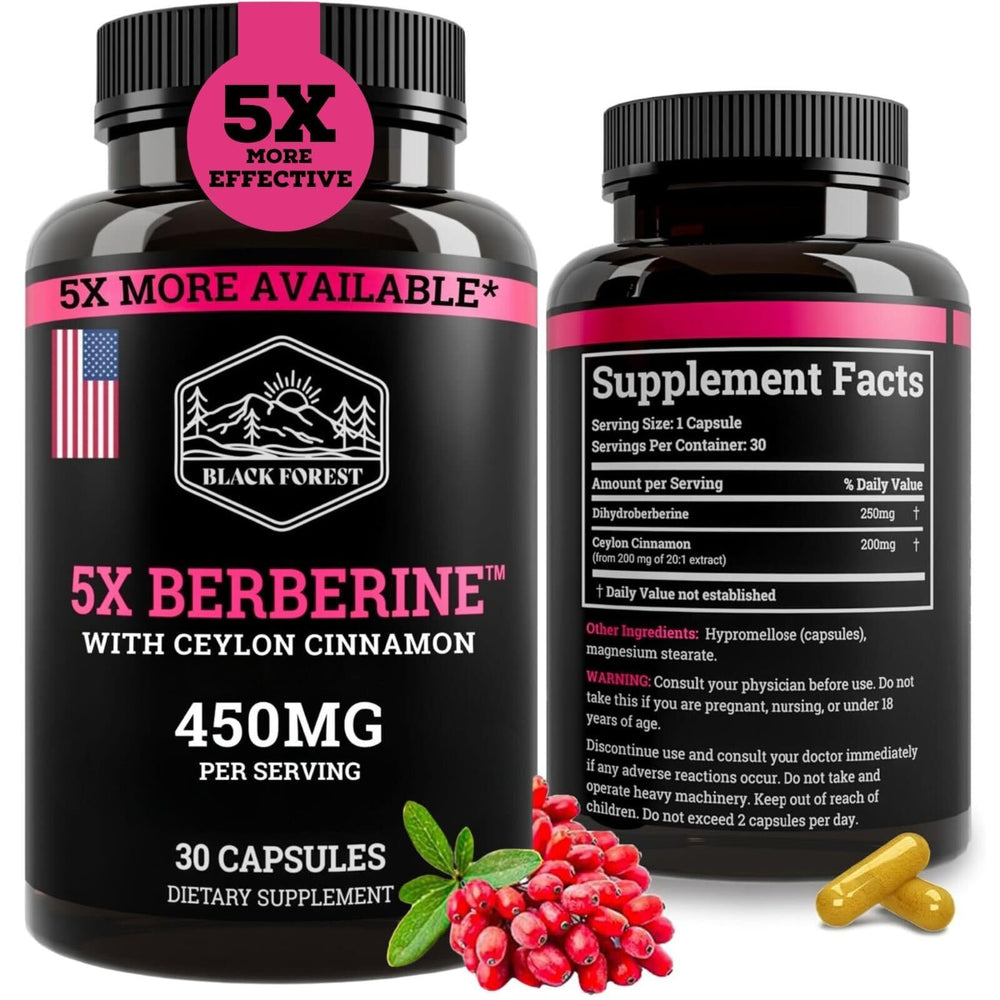 Black Forest 5X Berberine DHB bottle highlighting enhanced absorption for daily wellness.
