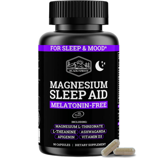 Black Forest magnesium sleep bottle shown for nighttime relaxation