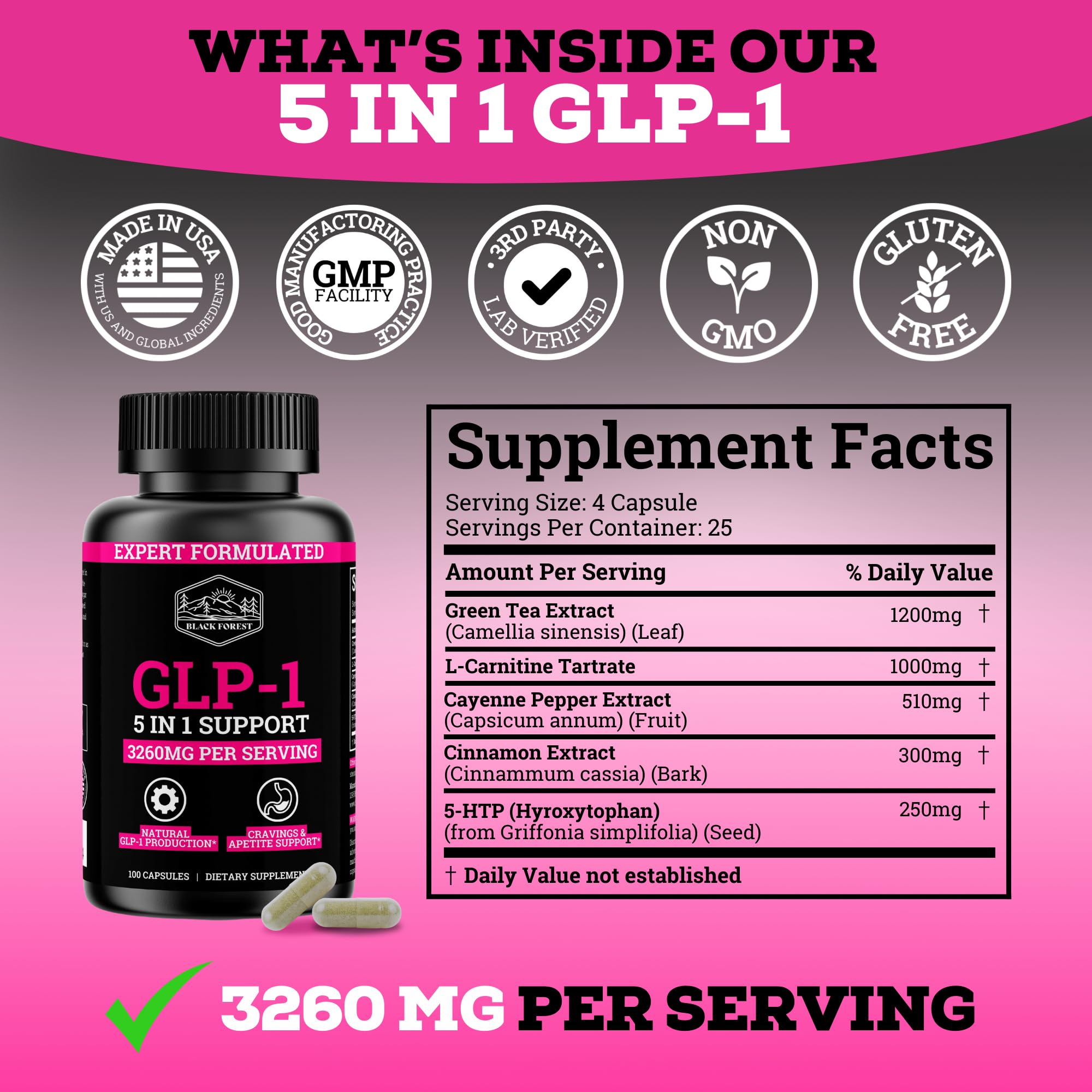 Black Forest GLP-1 Booster bottle back view with dosing notes