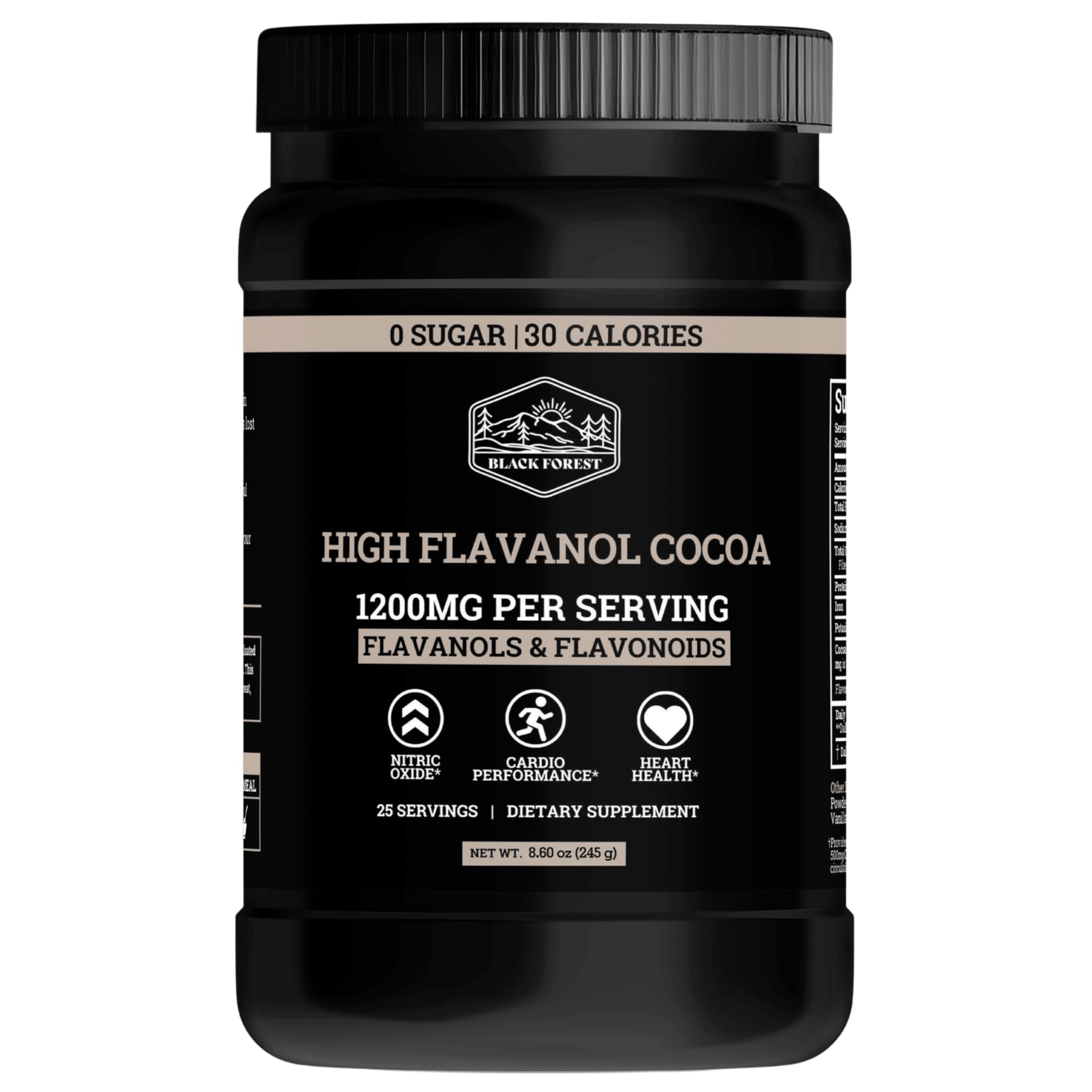Black Forest High Flavanol Cocoa Powder tin front showing flavanol-rich formula.
