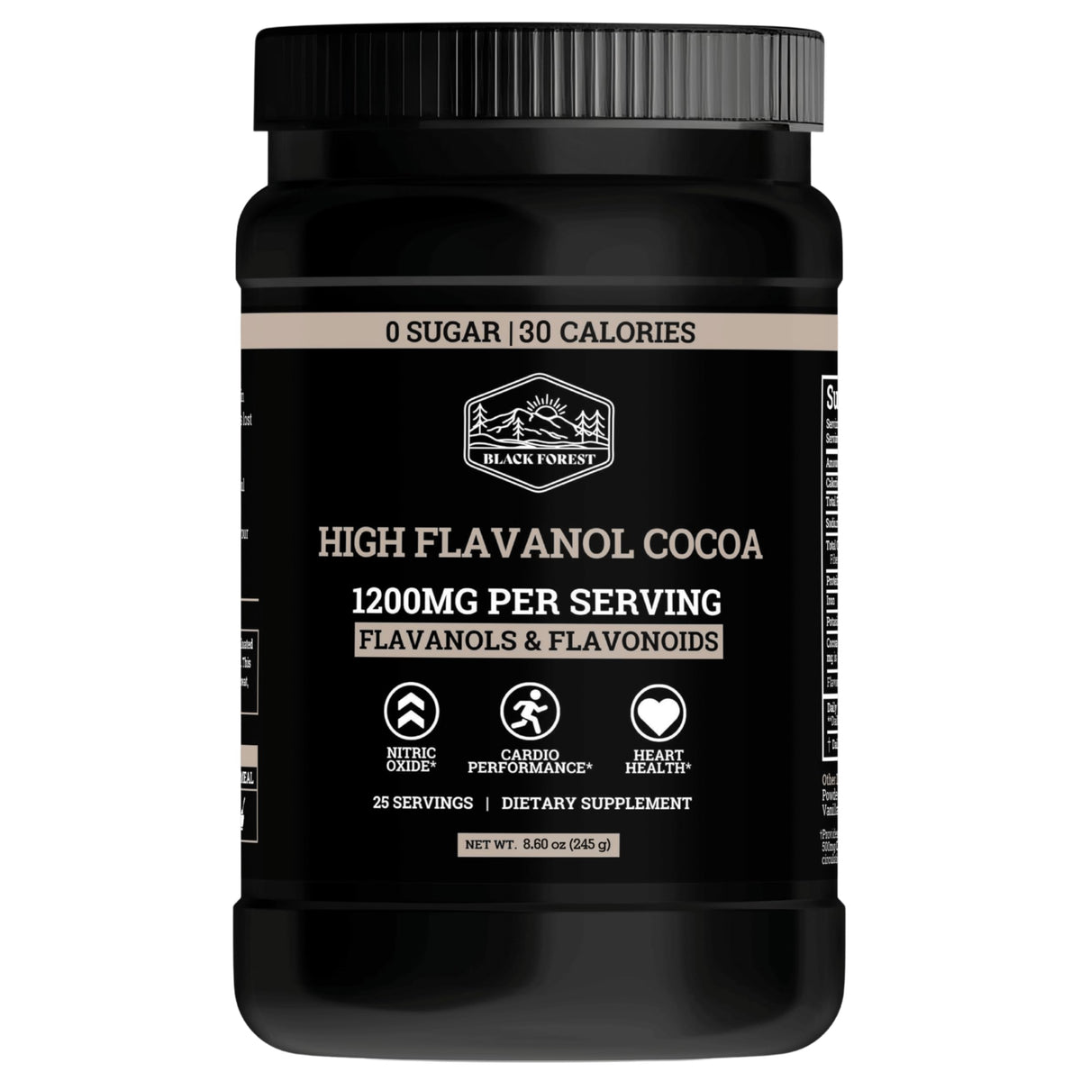 Black Forest High Flavanol Cocoa Powder tin front showing flavanol-rich formula.