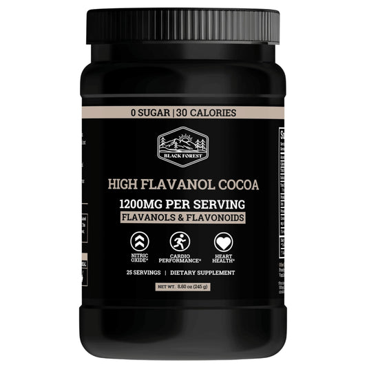 Black Forest High Flavanol Cocoa Powder tin front showing flavanol-rich formula.