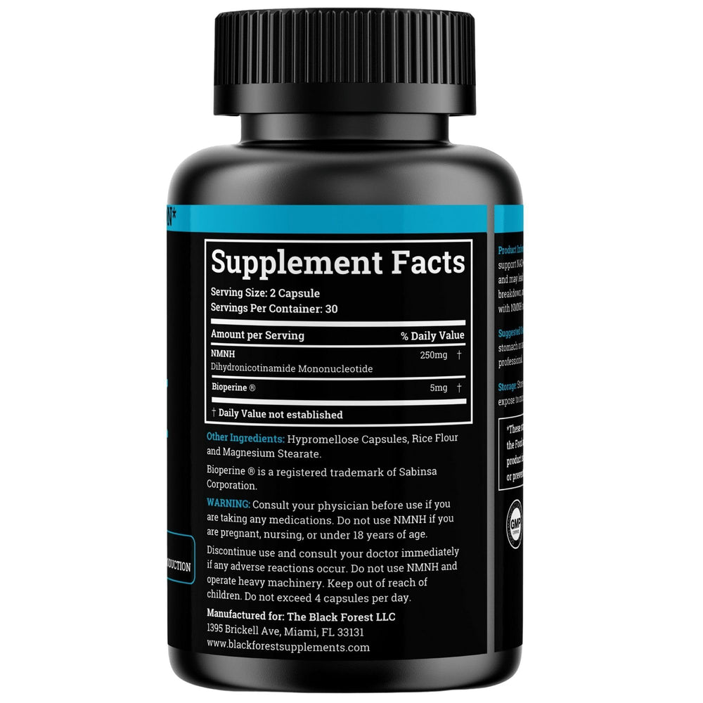 Black Forest NMNH bottle back label details ingredients and vegan-safe formula