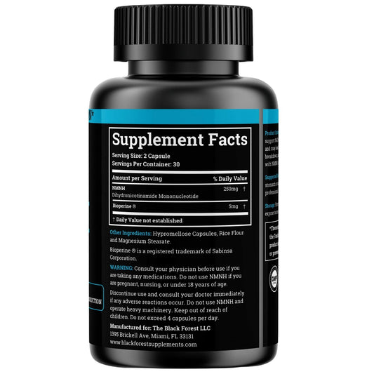 Black Forest NMNH bottle back label details ingredients and vegan-safe formula