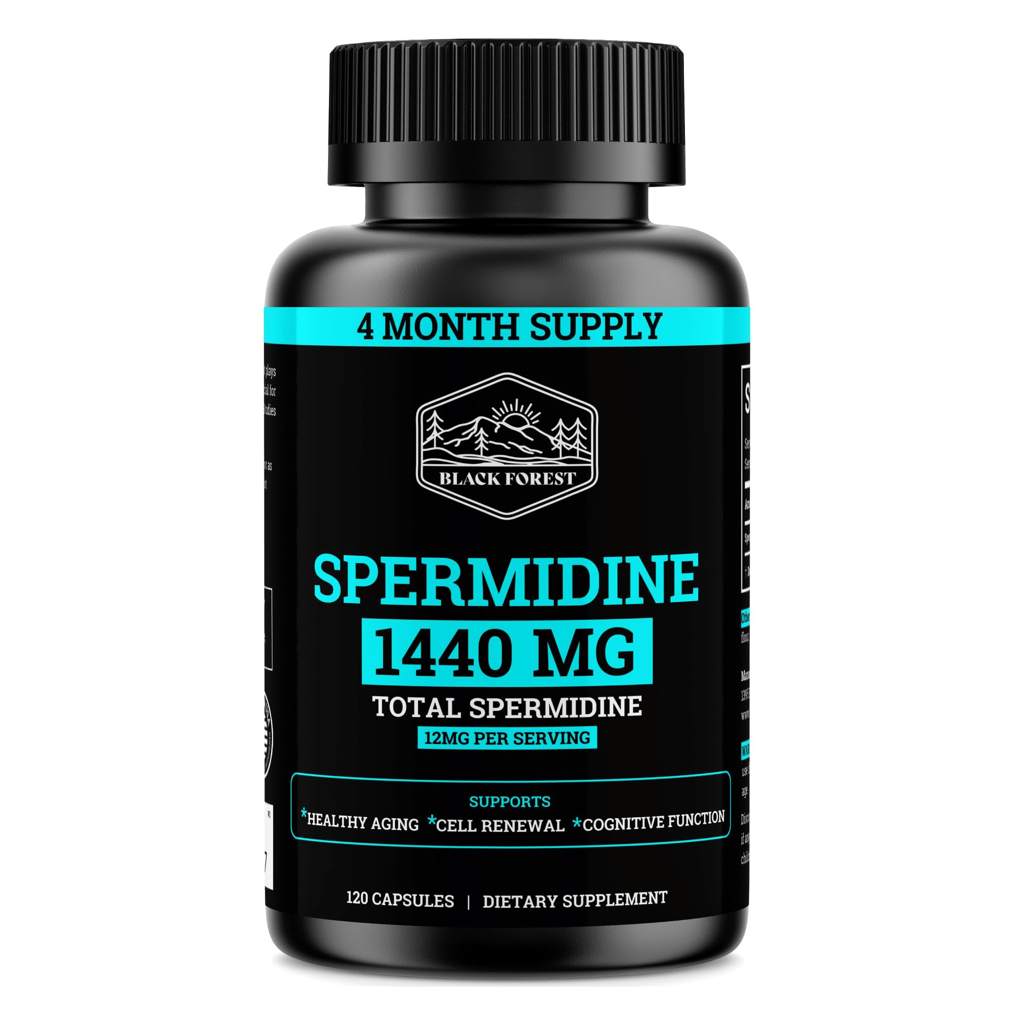 Black Forest Spermidine bottle front highlights potent 99% pure spermidine for daily vitality.