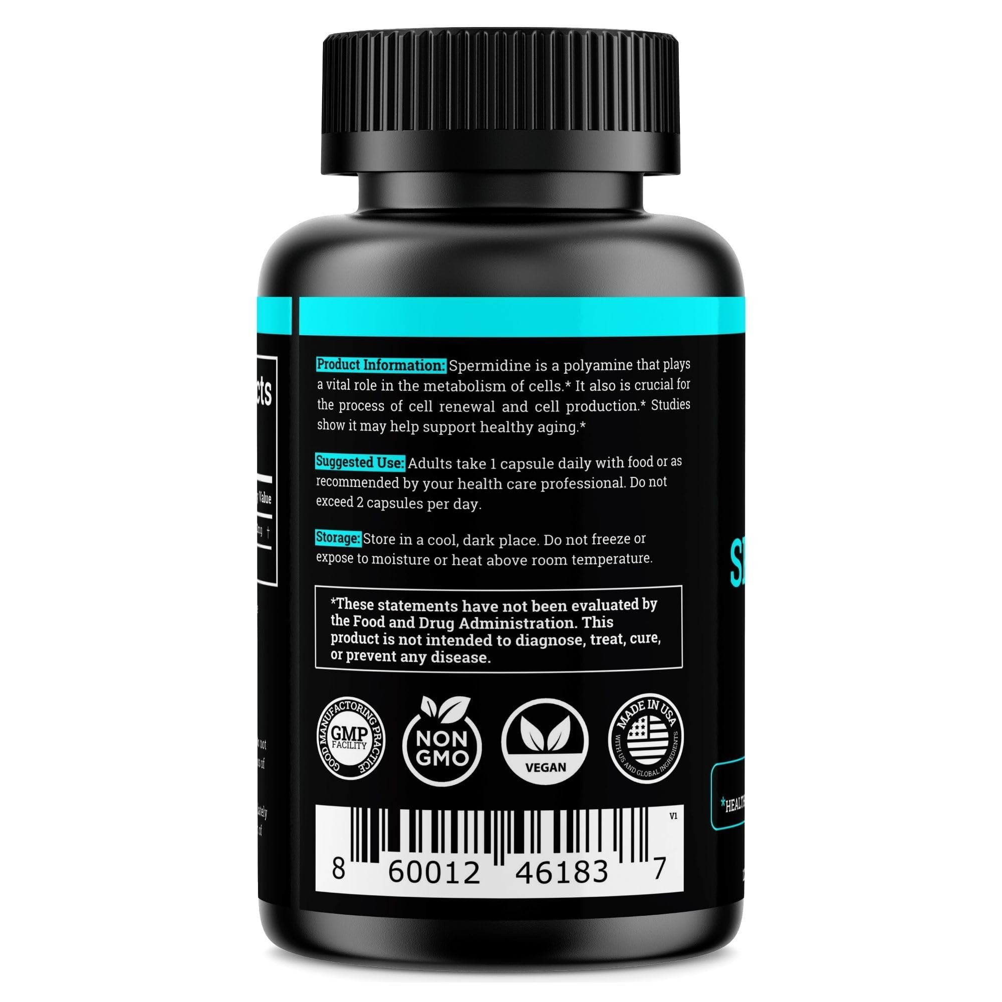 Black Forest Spermidine capsules closeup showcases tiny tablets delivering 12 mg per serving.