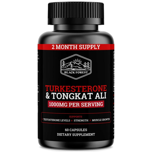 Black Forest Turkesterone Tongkat Ali bottle on shelf for daily vitality