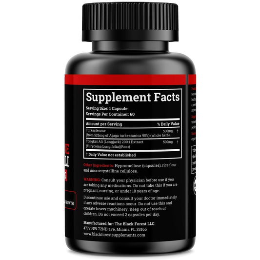 Close-up of Black Forest Turkesterone Tongkat Ali capsules highlighting purity