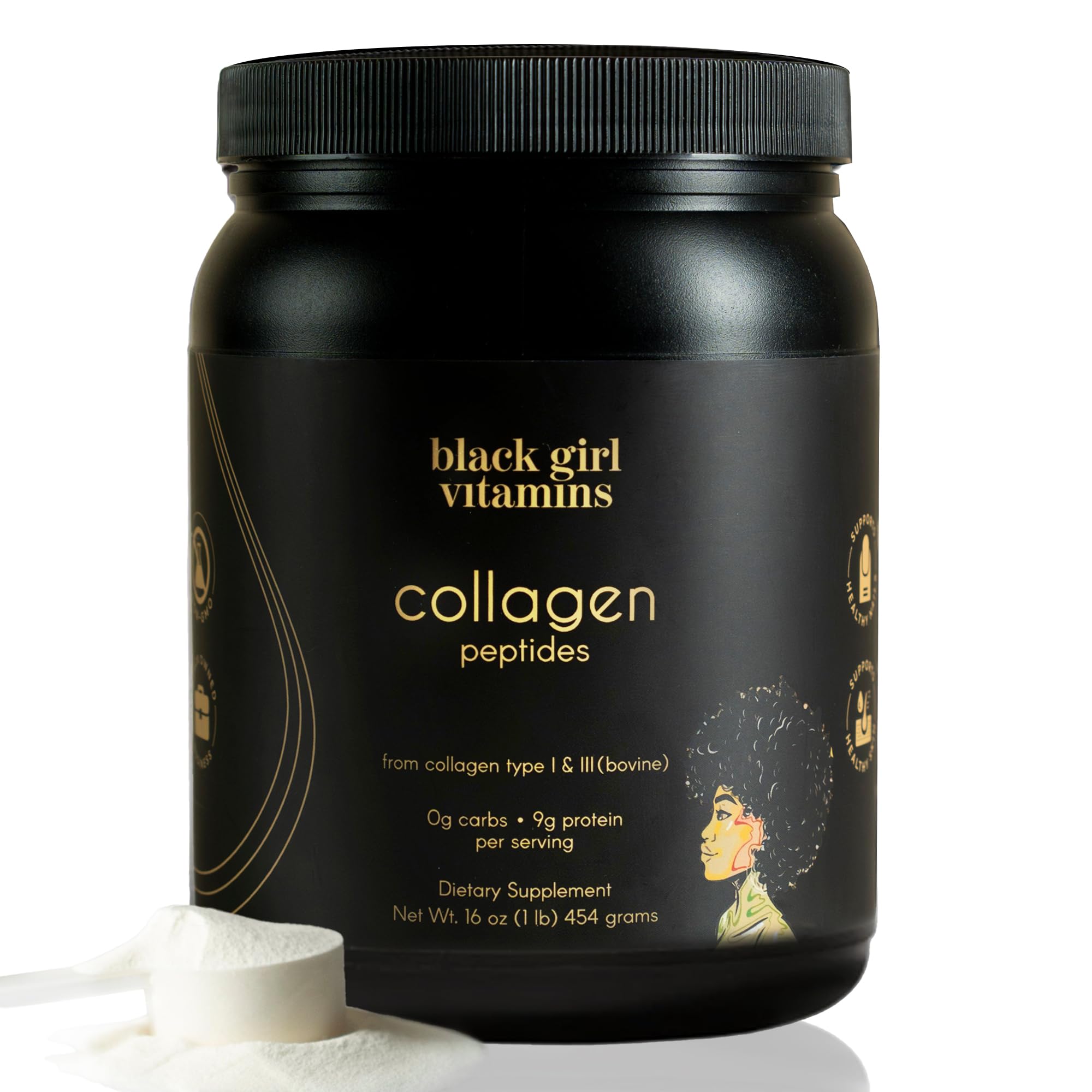 Black Girl Vitamins collagen peptides powder bottle on counter supports skin, hair, and nails.