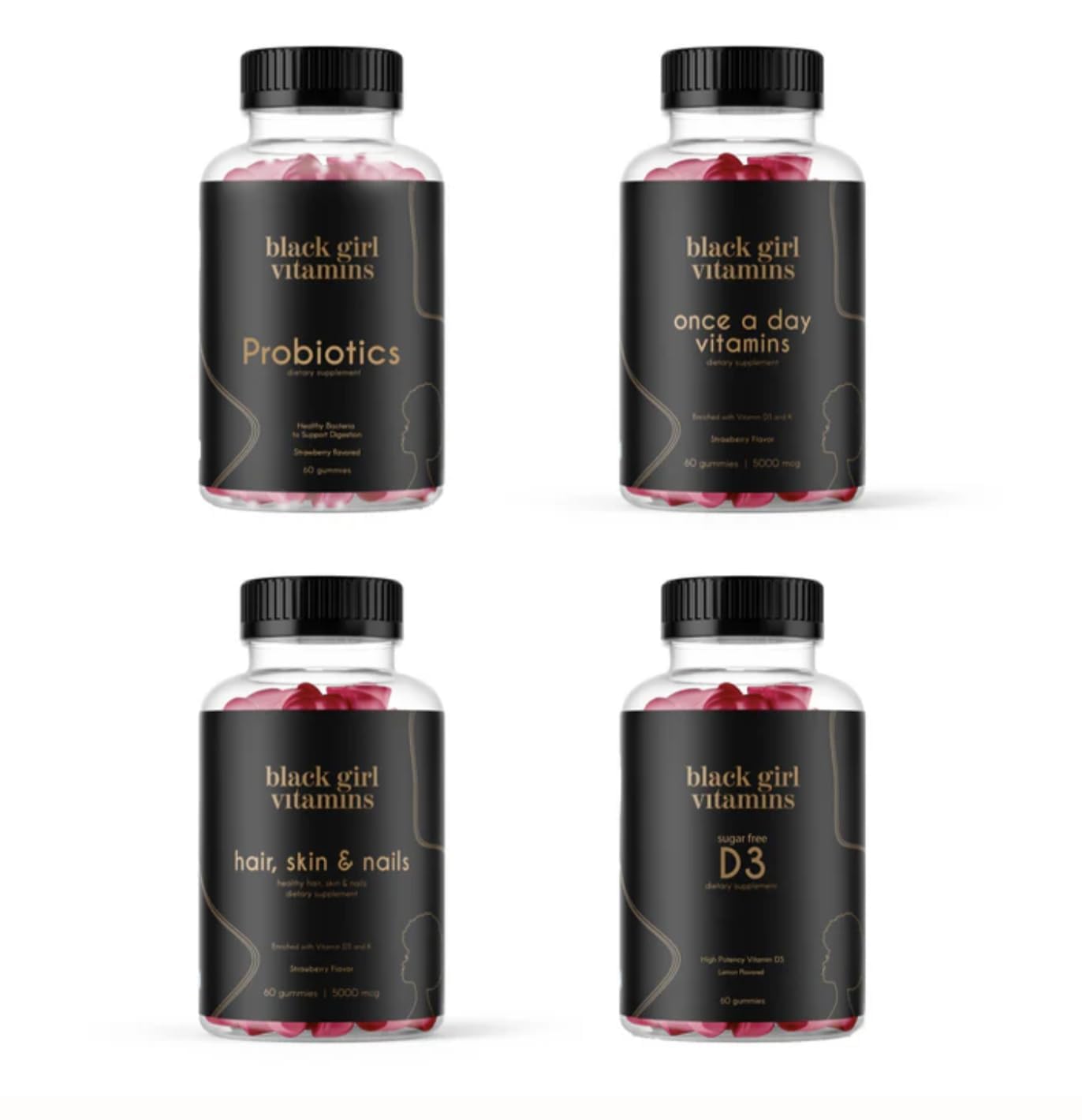 Black Girl Vitamins D3 Gummies bottle showing 2000 IU for daily energy support